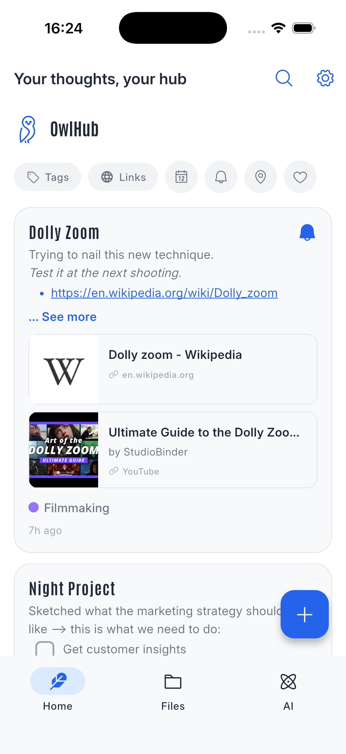 OwlHub feed showing entries with rich link previews from YouTube, Instagram, and articles